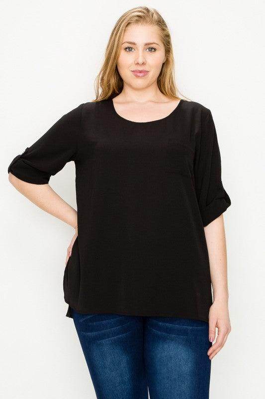 Plus Size Koshibo Roll Up Sleeve Top - VacationGrabs