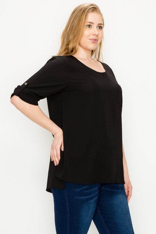 Plus Size Koshibo Roll Up Sleeve Top - VacationGrabs