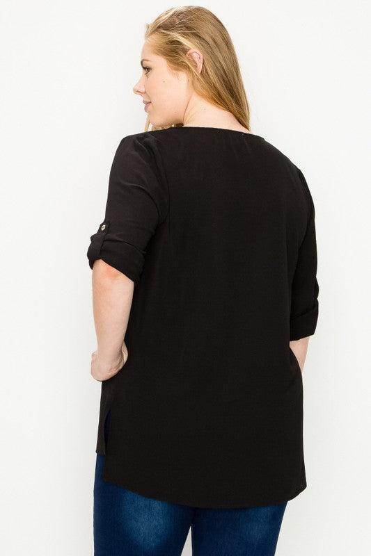 Plus Size Koshibo Roll Up Sleeve Top - VacationGrabs
