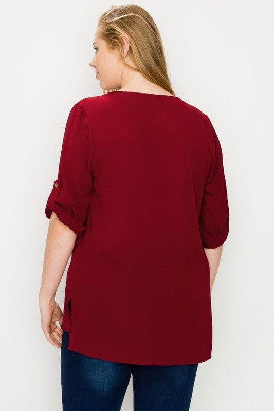 Plus Size Koshibo Roll Up Sleeve Top - VacationGrabs
