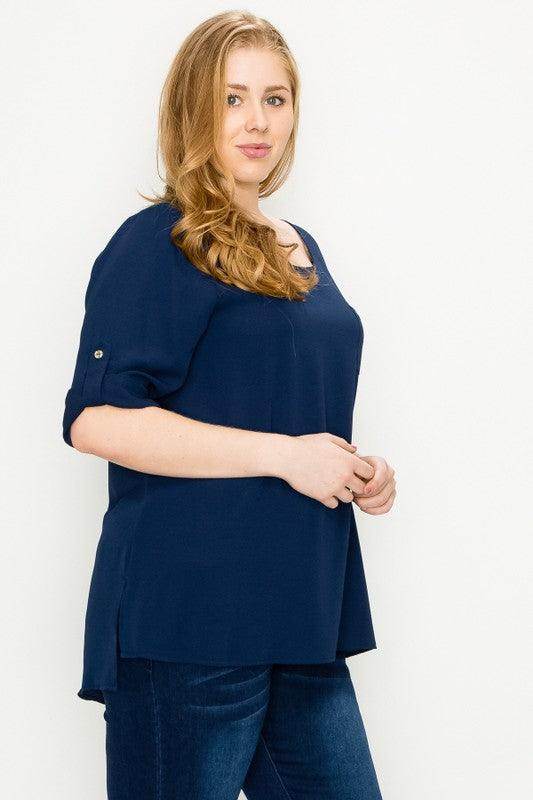 Plus Size Koshibo Roll Up Sleeve Top - VacationGrabs