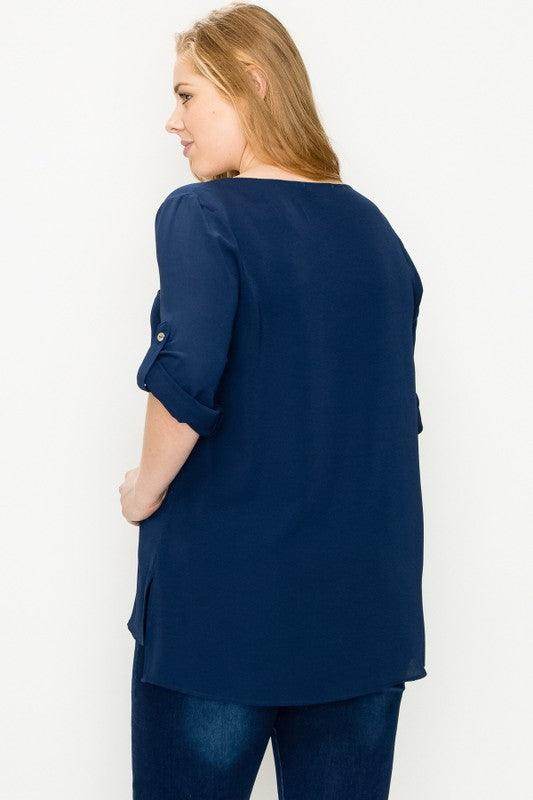 Plus Size Koshibo Roll Up Sleeve Top - VacationGrabs