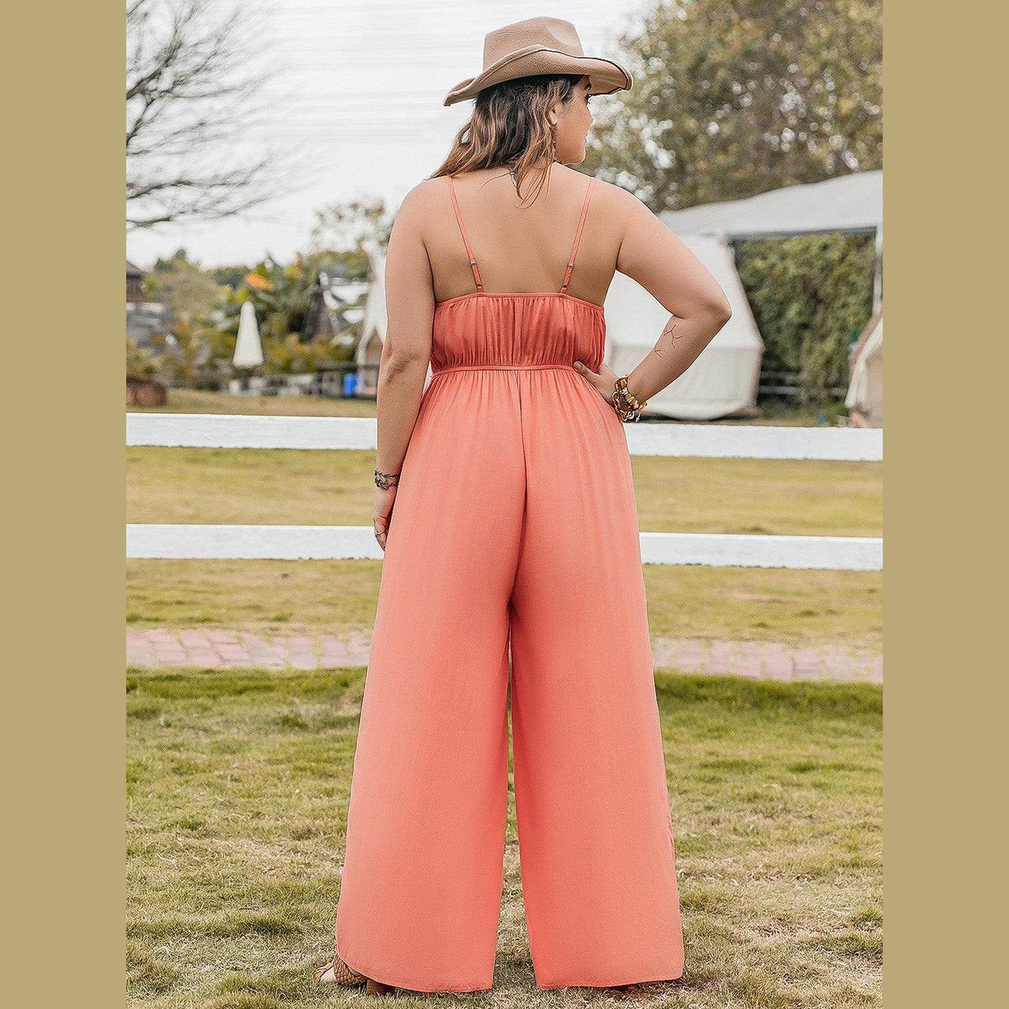 Plus Size Lace Detail Spaghetti Strap Wide Leg Jumpsuit - VacationGrabs