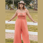 Plus Size Lace Detail Spaghetti Strap Wide Leg Jumpsuit - VacationGrabs