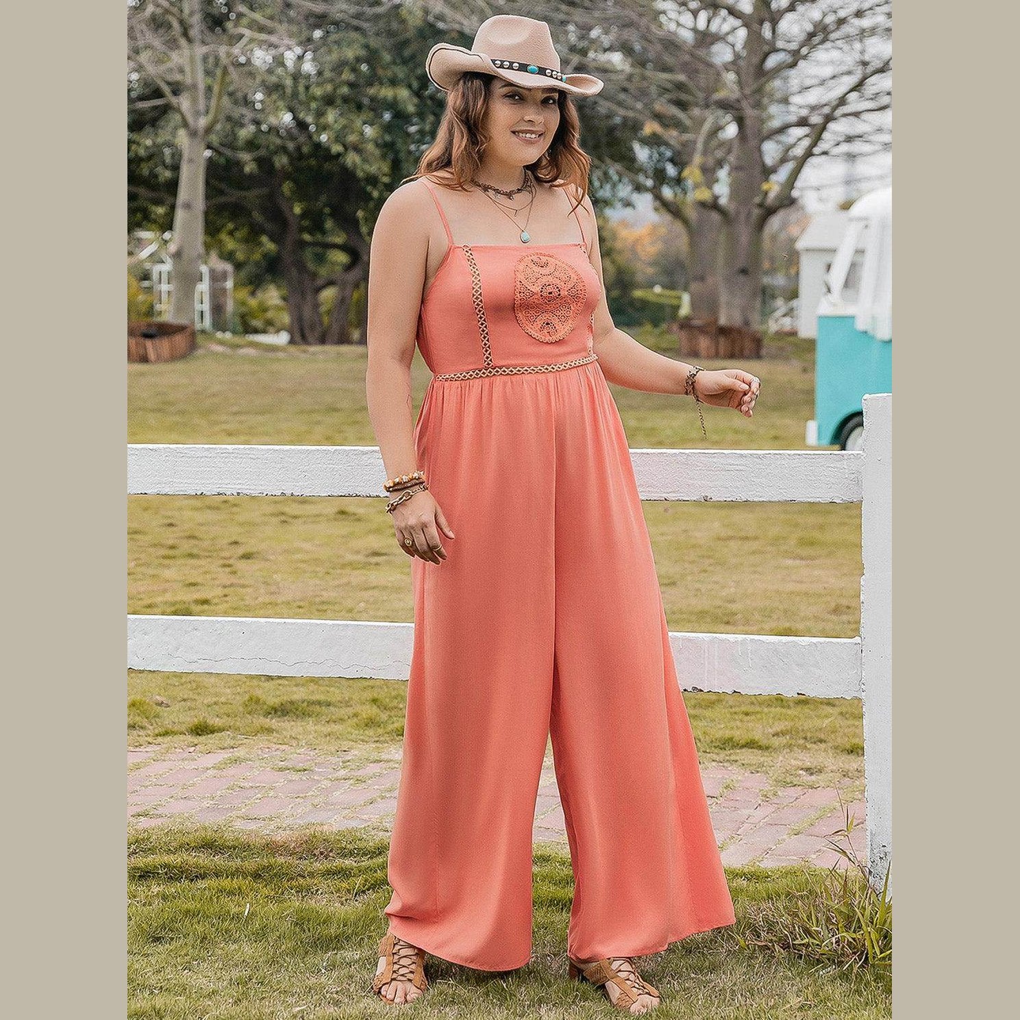 Plus Size Lace Detail Spaghetti Strap Wide Leg Jumpsuit - VacationGrabs
