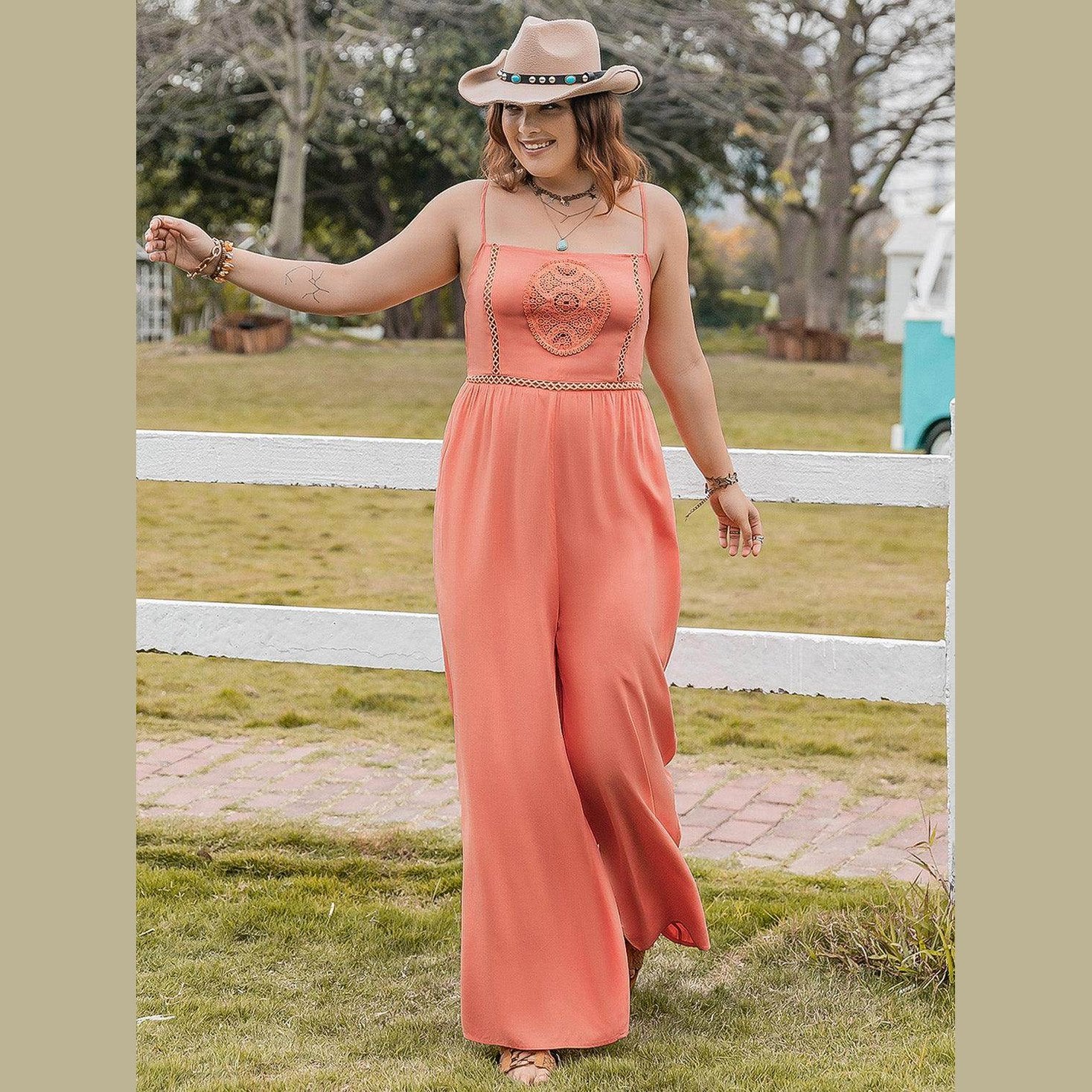 Plus Size Lace Detail Spaghetti Strap Wide Leg Jumpsuit - VacationGrabs