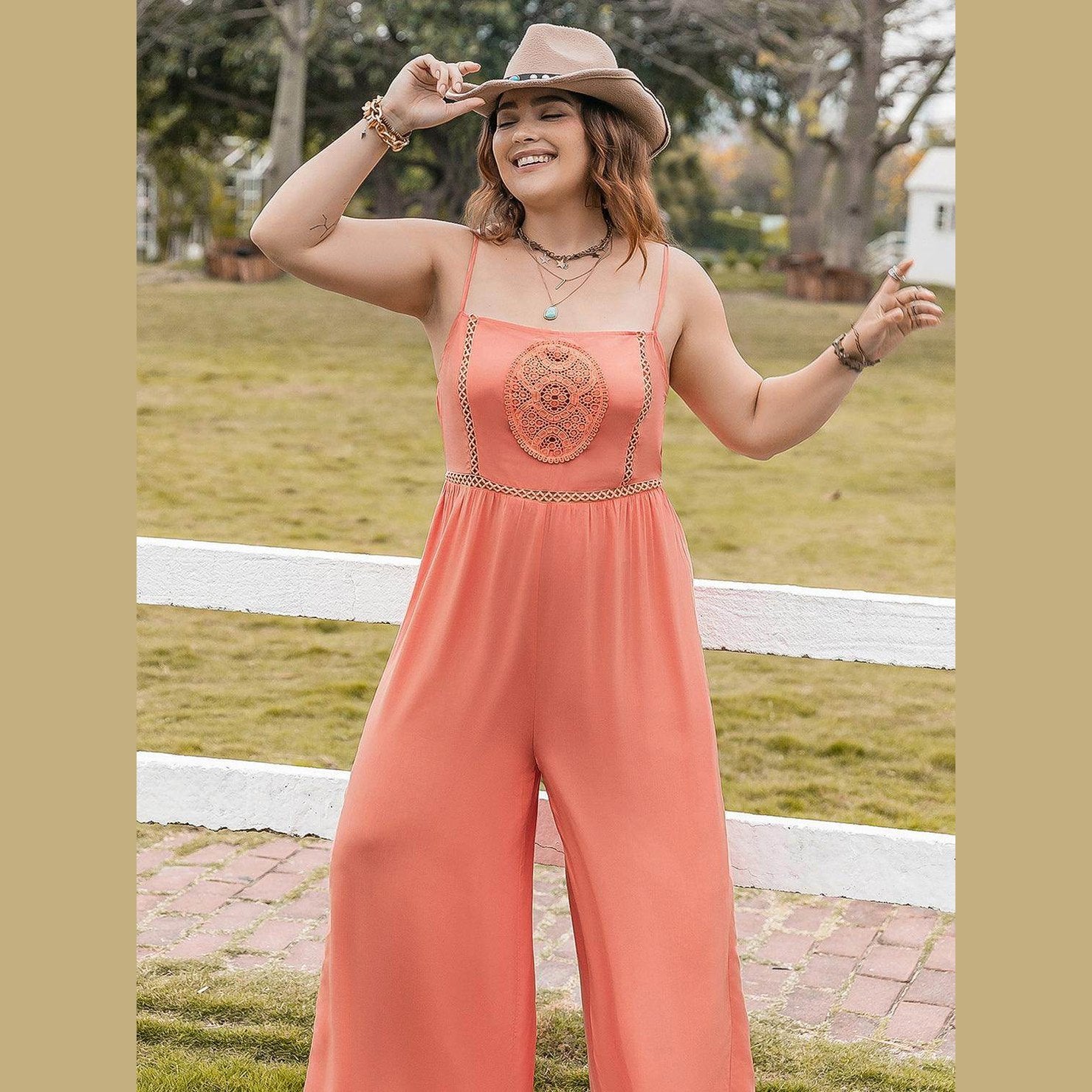 Plus Size Lace Detail Spaghetti Strap Wide Leg Jumpsuit - VacationGrabs