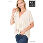 ZENANA Plus size layered top in sand beige with a relaxed fit and short sleeves
