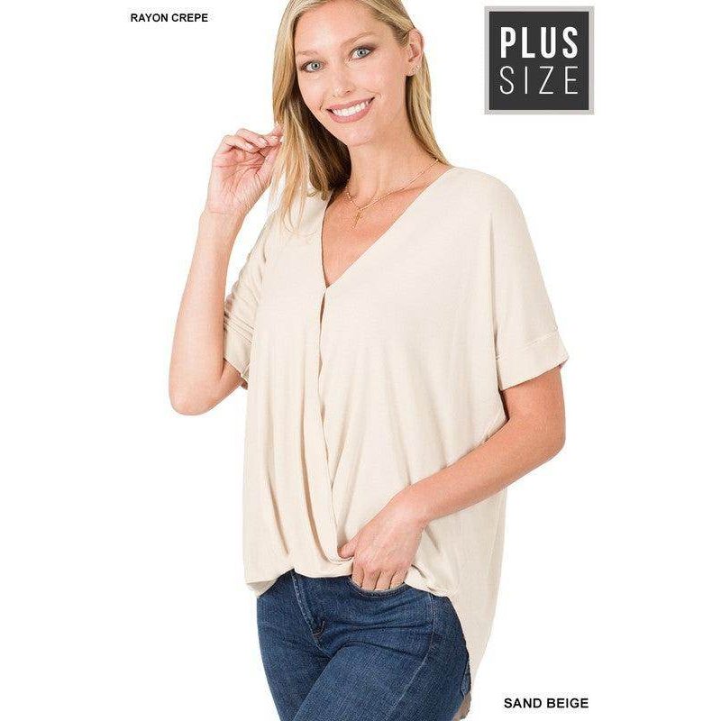 ZENANA Plus size layered top in sand beige with a relaxed fit and short sleeves