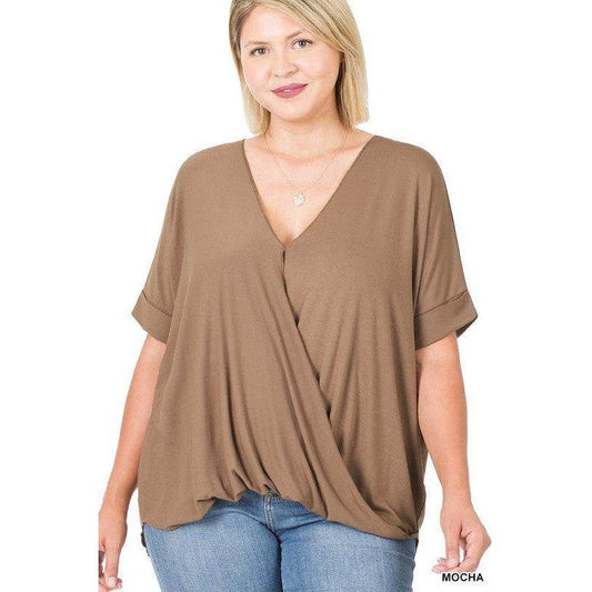 ZENANA Plus size layered top in mocha color with a relaxed fit and short sleeves
