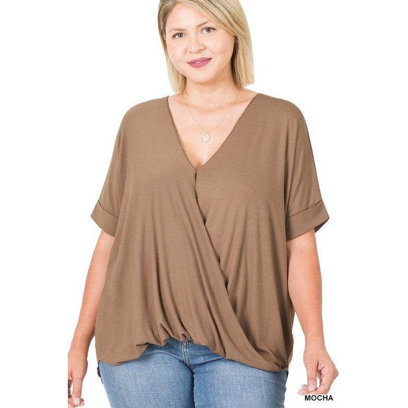 ZENANA Plus size layered top in mocha color with a relaxed fit and short sleeves