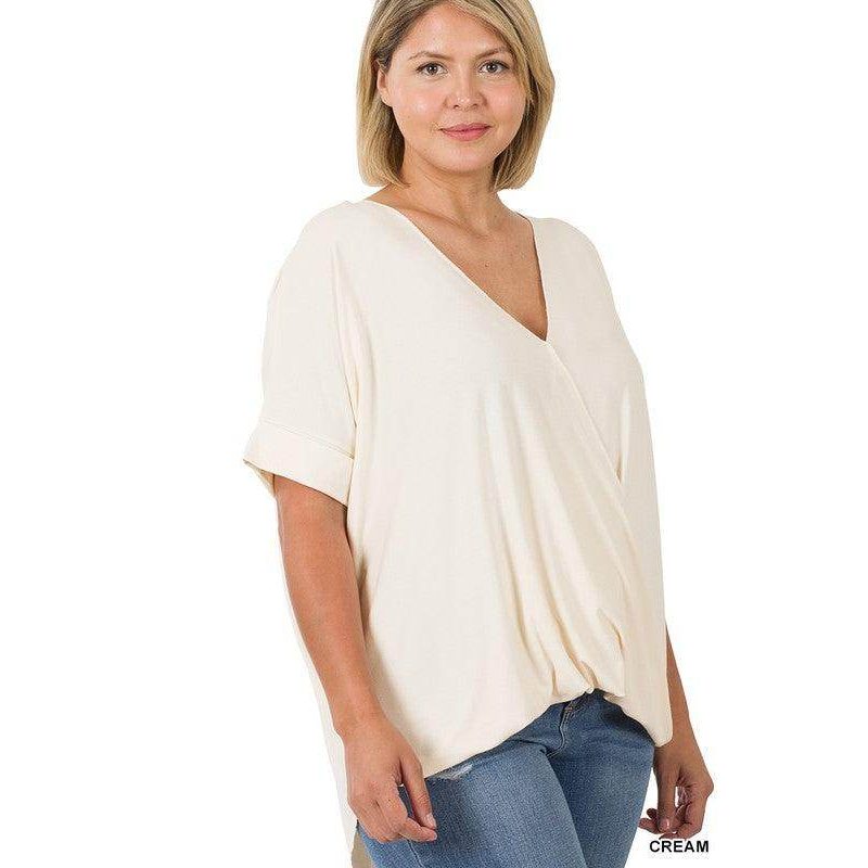 ZENANA Plus size layered top in cream color with a stylish V-neck design and relaxed fit