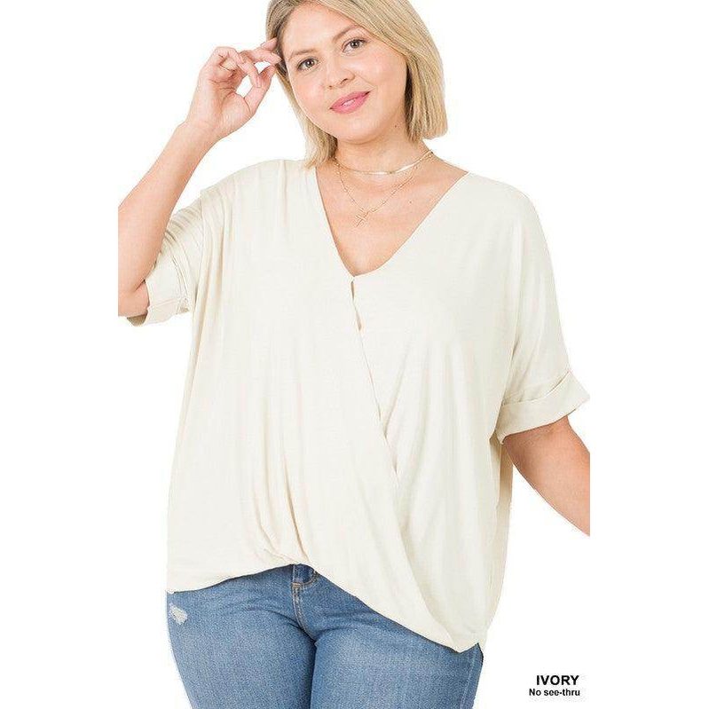 ZENANA Plus size layered top in ivory with a V-neck and short sleeves for a stylish casual look