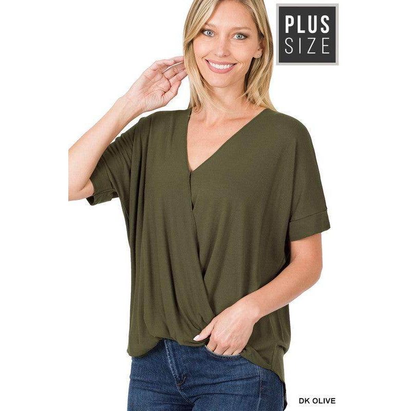ZENANA plus size layered top in dark olive with a flattering V-neck and relaxed fit