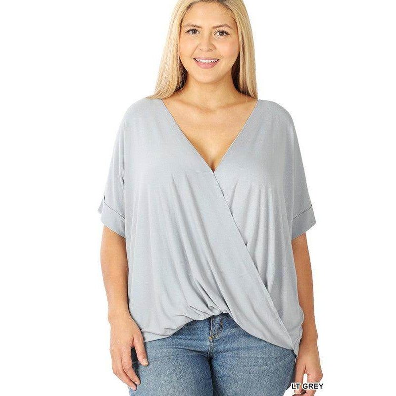 ZENANA Plus size layered top in light grey with a flattering V-neck design and loose fit