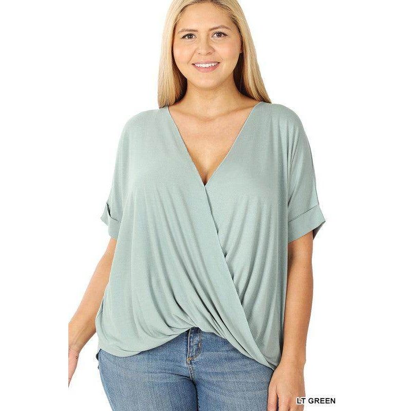 ZENANA plus size layered top in light green with a flattering v-neck design for casual wear