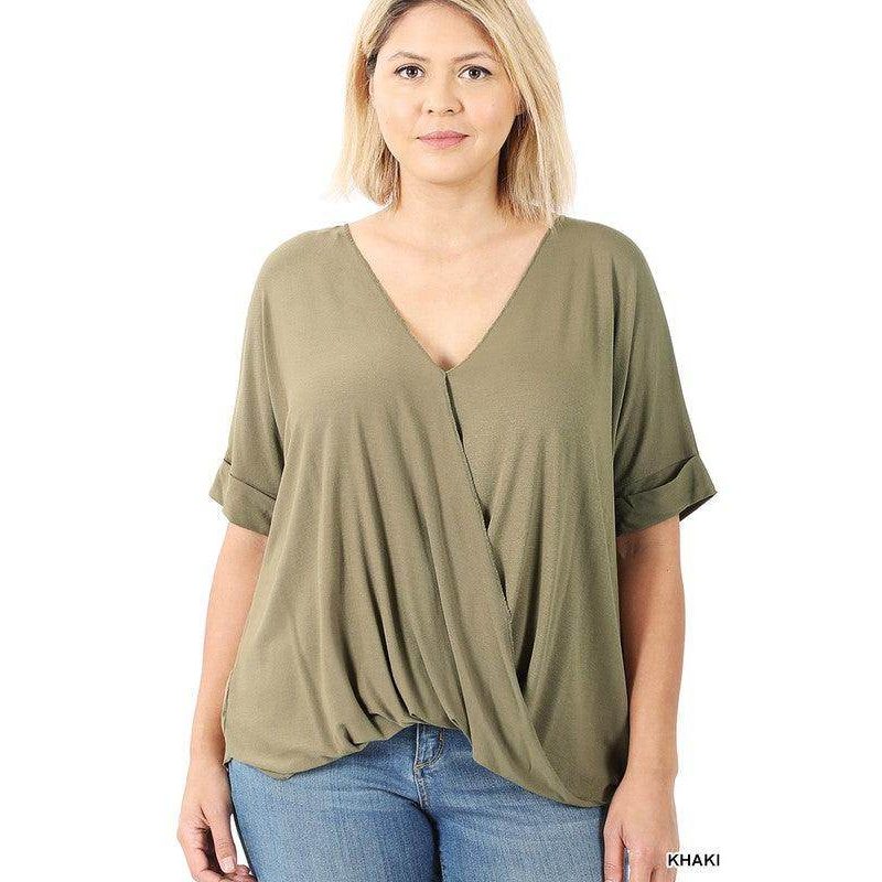 Plus size layered top in khaki by ZENANA featuring a flattering V-neck and relaxed fit