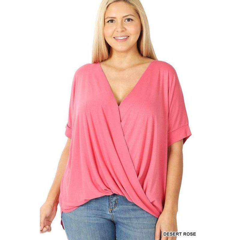 ZENANA Plus Size Layered Top in Desert Rose with V-Neck and Short Sleeves for Women