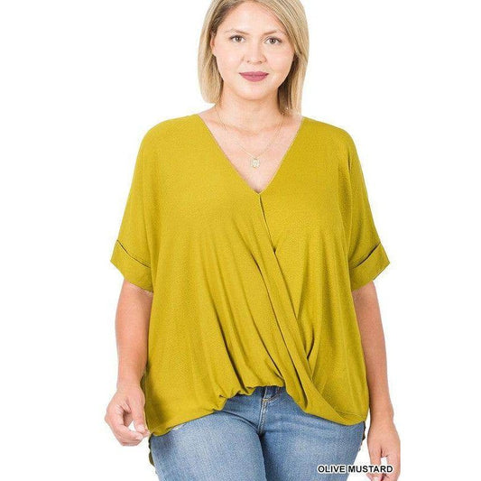 Plus size layered top by ZENANA in olive mustard color, perfect for casual styling and comfort
