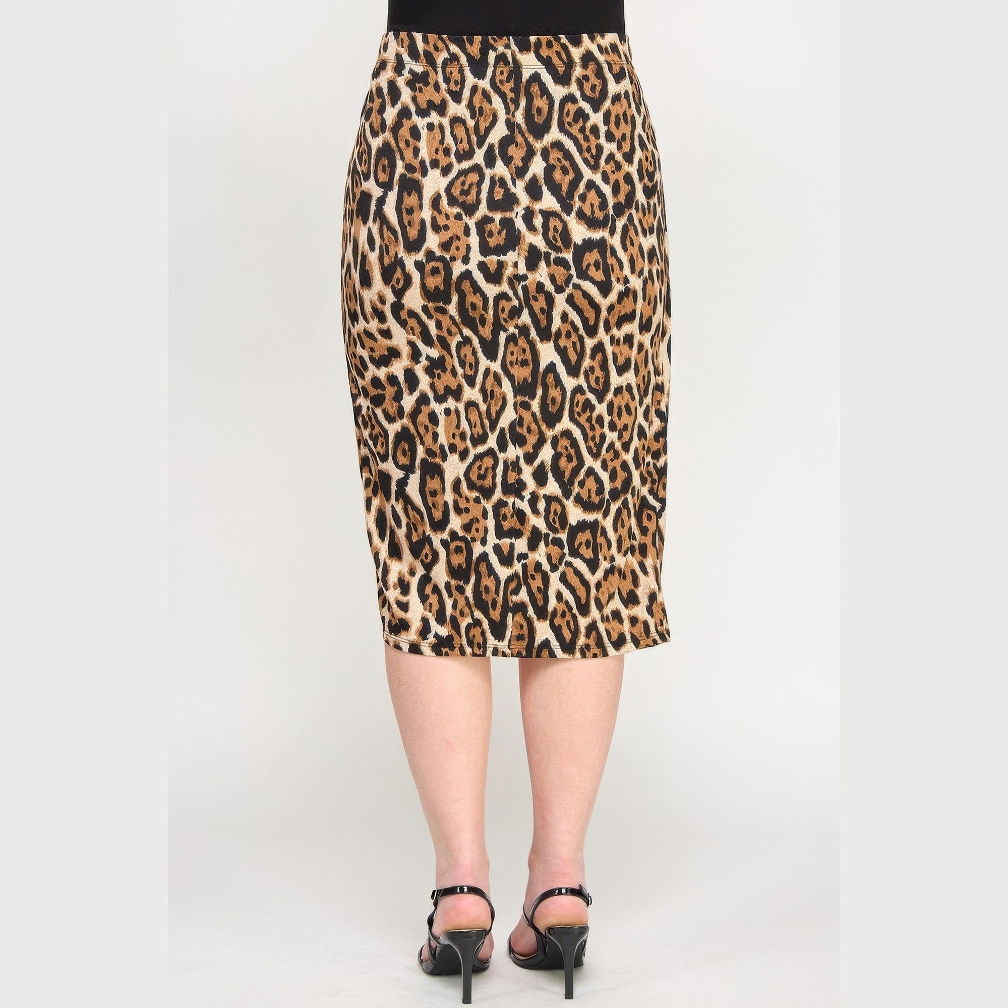 Back view of plus size leopard print skirt by VacationGrabs, perfect for casual or dressy occasions