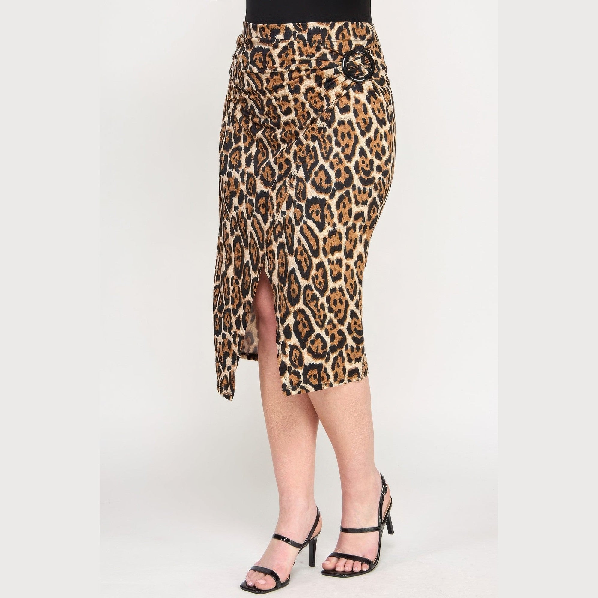 Plus size leopard print skirt from VacationGrabs featuring a stylish wrap design and slit detail