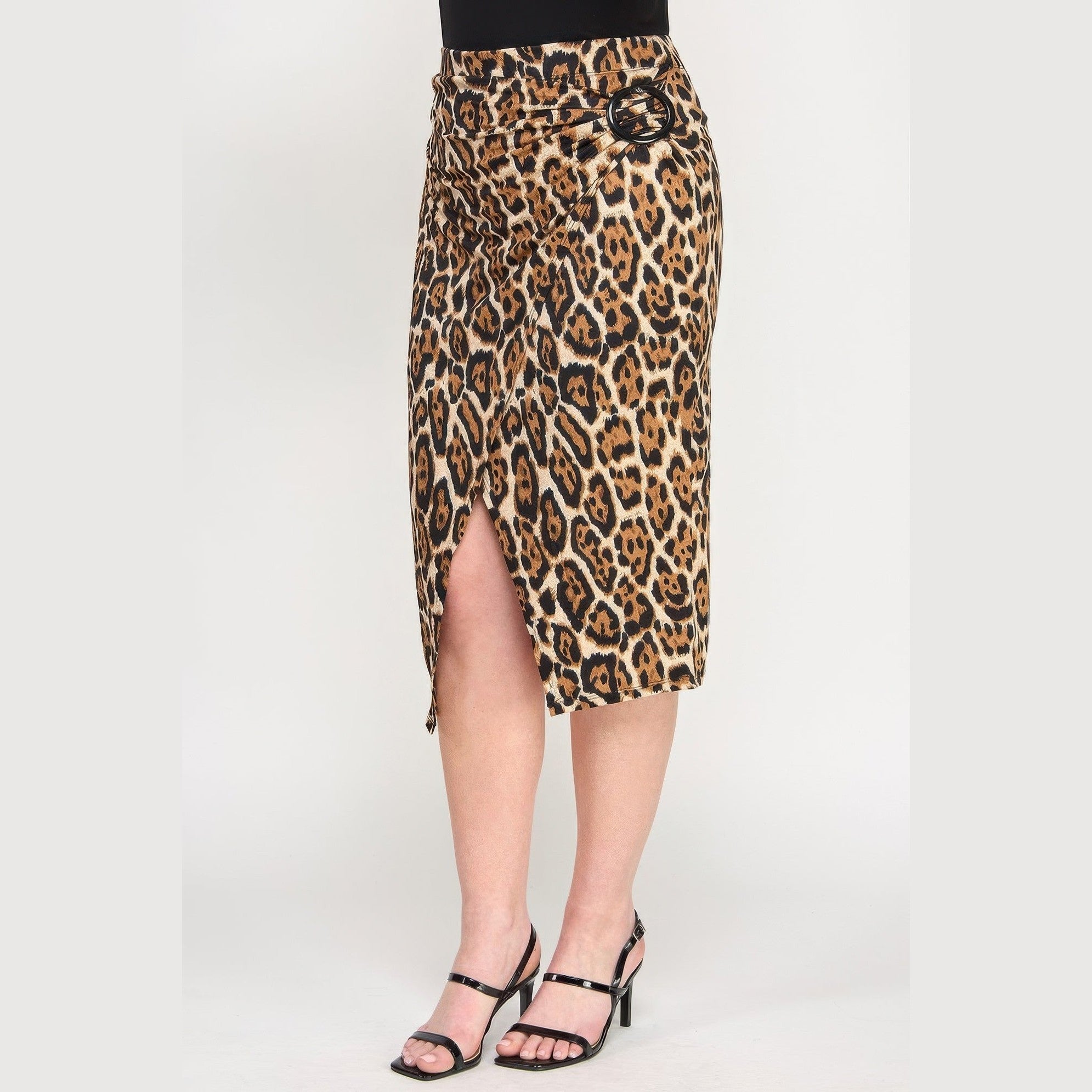 Stylish plus size leopard print skirt with a thigh-high slit and accent buckle detail for trendy women
