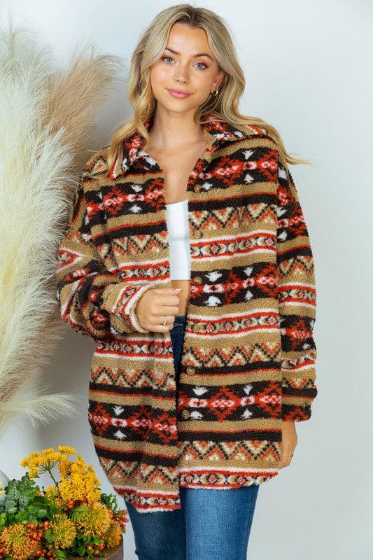 Women's Coats & Jackets Plus Size Long Sleeve Aztec Print Woven Jacket