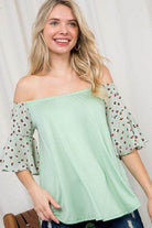 Mint Green Plus Size Off Shoulder Top with Leopard Print Bell Sleeves for Women