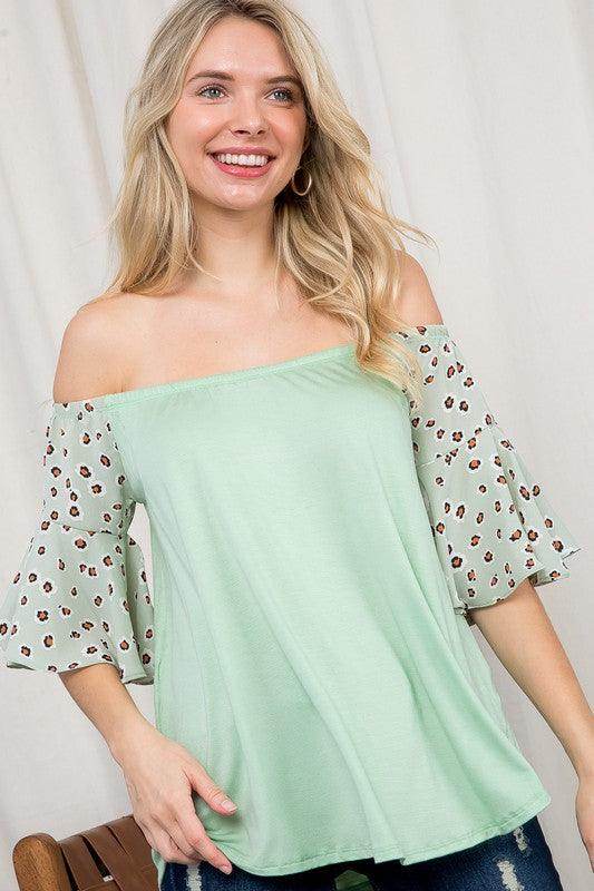 Mint Green Plus Size Off Shoulder Top with Leopard Print Bell Sleeves for Women