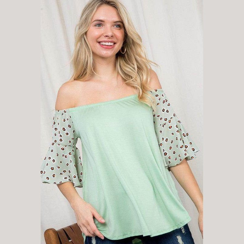 Mint Green Plus Size Off Shoulder Top with Leopard Print Bell Sleeves for Women