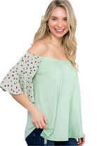 e Luna plus size off shoulder top in mint green with stylish patterned sleeves