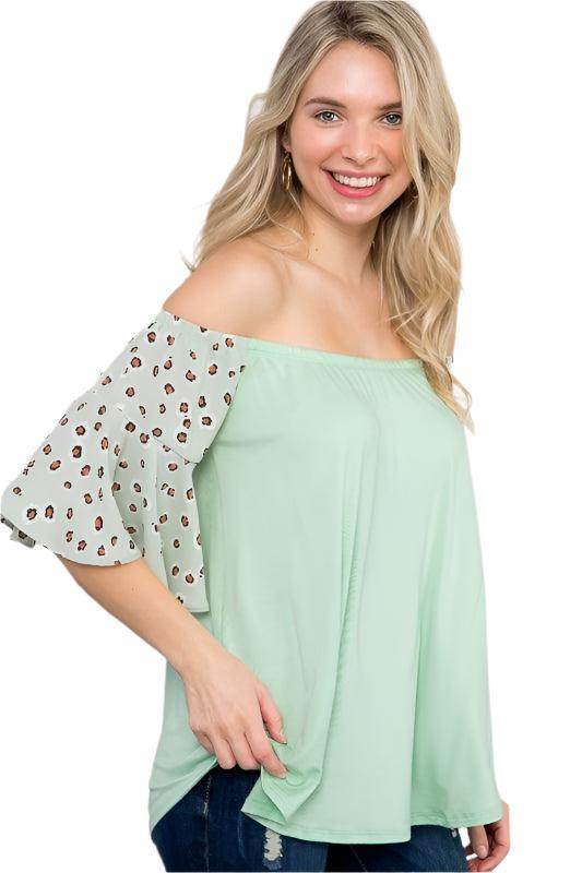 e Luna plus size off shoulder top in mint green with stylish patterned sleeves