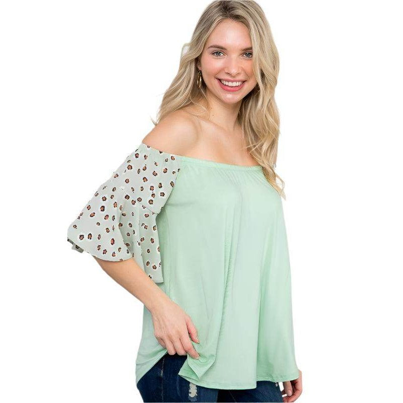 e Luna plus size off shoulder top in mint green with stylish patterned sleeves