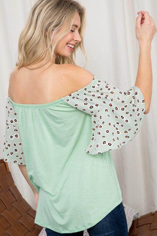 Women's plus size off shoulder top in mint green with leopard print sleeves for stylish casual wear
