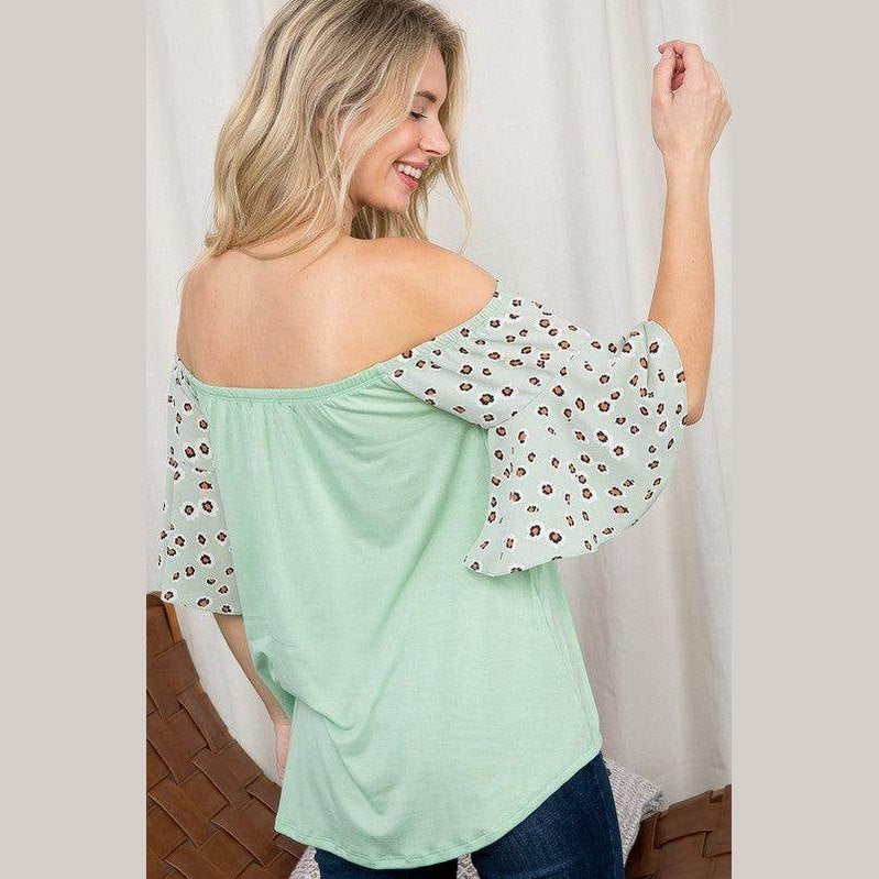 Women's plus size off shoulder top in mint green with leopard print sleeves for stylish casual wear