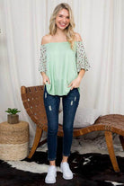 e Luna plus size off shoulder top in mint green with flared sleeves and floral design