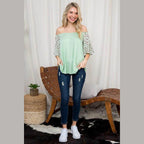 e Luna plus size off shoulder top in mint green with flared sleeves and floral design