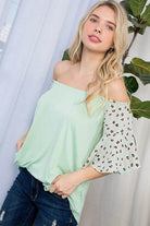 e Luna Plus Size Off Shoulder Top in Mint Green with Animal Print Sleeves for a Stylish Look