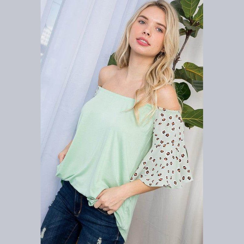 e Luna Plus Size Off Shoulder Top in Mint Green with Animal Print Sleeves for a Stylish Look