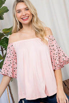 e Luna Plus Size Off Shoulder Top in Pink with Leopard Print Sleeves for a Trendy Look