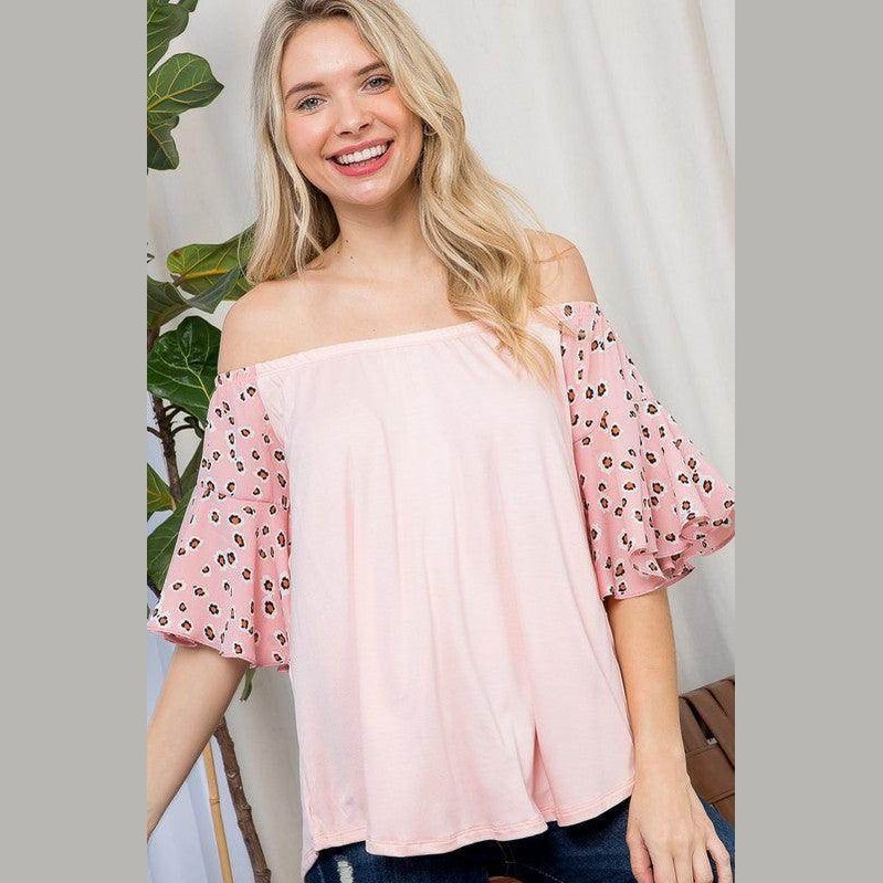 e Luna Plus Size Off Shoulder Top in Pink with Leopard Print Sleeves for a Trendy Look