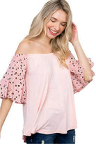 e Luna plus size off shoulder top in light pink with leopard print puff sleeves for a trendy look