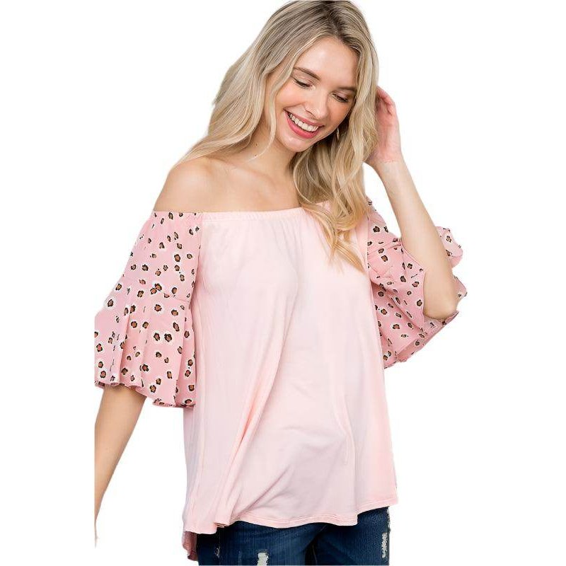 e Luna plus size off shoulder top in light pink with leopard print puff sleeves for a trendy look
