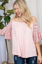 e Luna Plus Size Off Shoulder Top in Pink with Flowy Leopard Print Sleeves