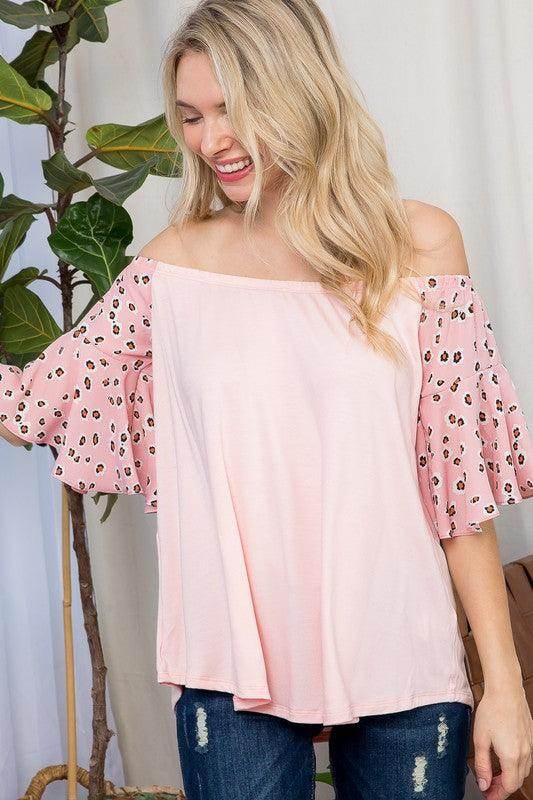 e Luna Plus Size Off Shoulder Top in Pink with Flowy Leopard Print Sleeves