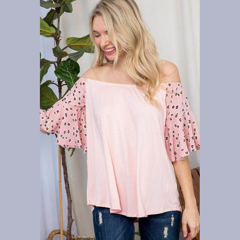 e Luna Plus Size Off Shoulder Top in Pink with Flowy Leopard Print Sleeves