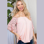 Womens plus size off shoulder top in light pink with leopard print sleeves for a stylish look