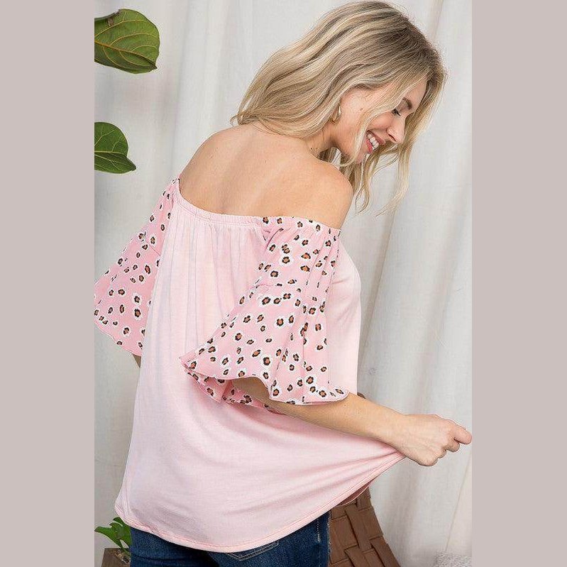 e Luna Plus Size Off Shoulder Top in Pink with Leopard Print Sleeves for Stylish Comfort