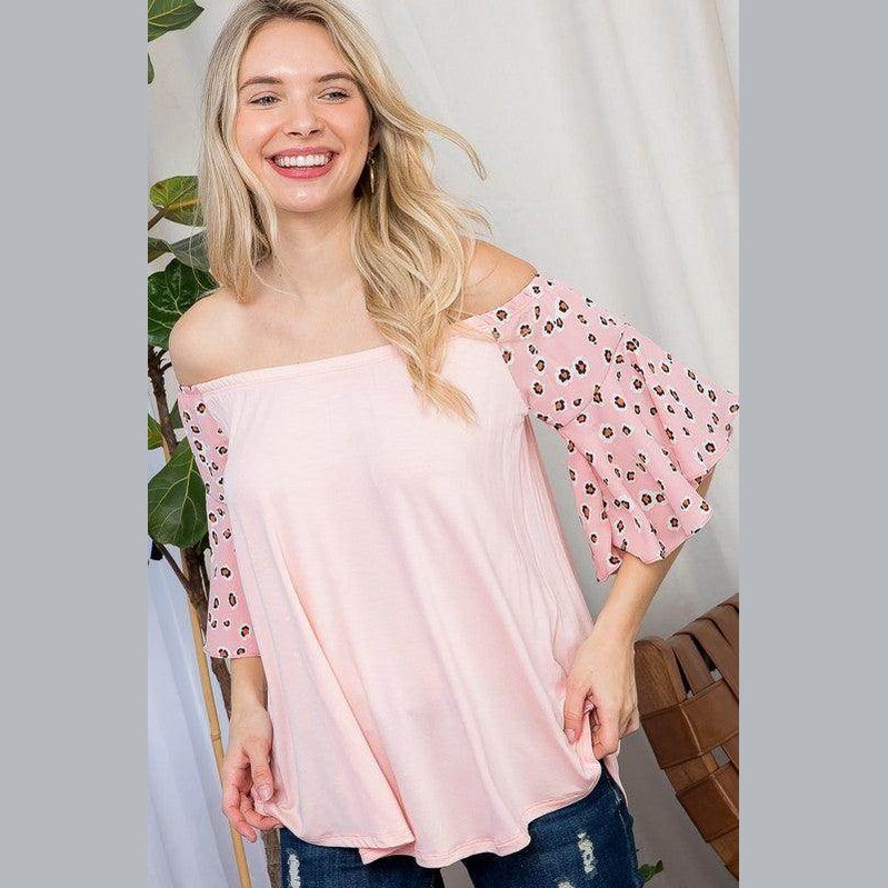 Plus size off shoulder top in pink with flutter sleeves and leopard print accents from e Luna