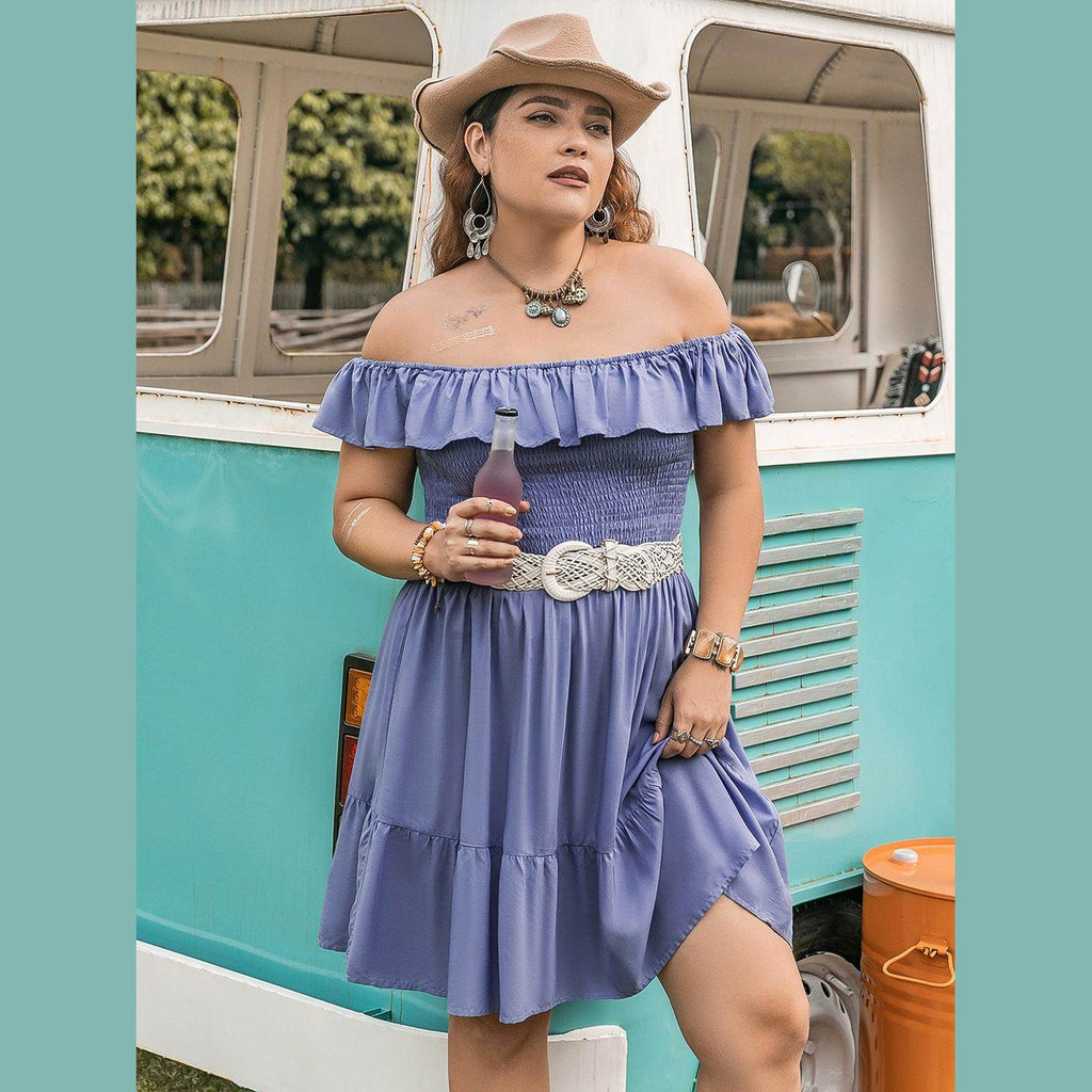 Plus Size Ruffled Smocked Off-Shoulder Mini Dress - VacationGrabs